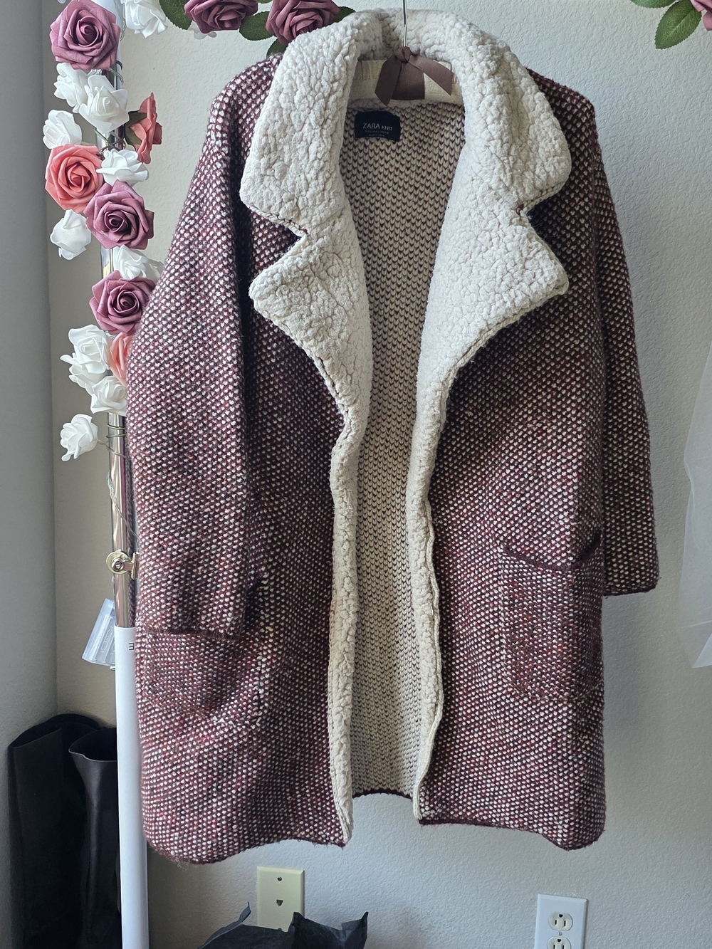 Zara Burgundy Knit Sherpa-Lined Cardigan Catdigan Size S